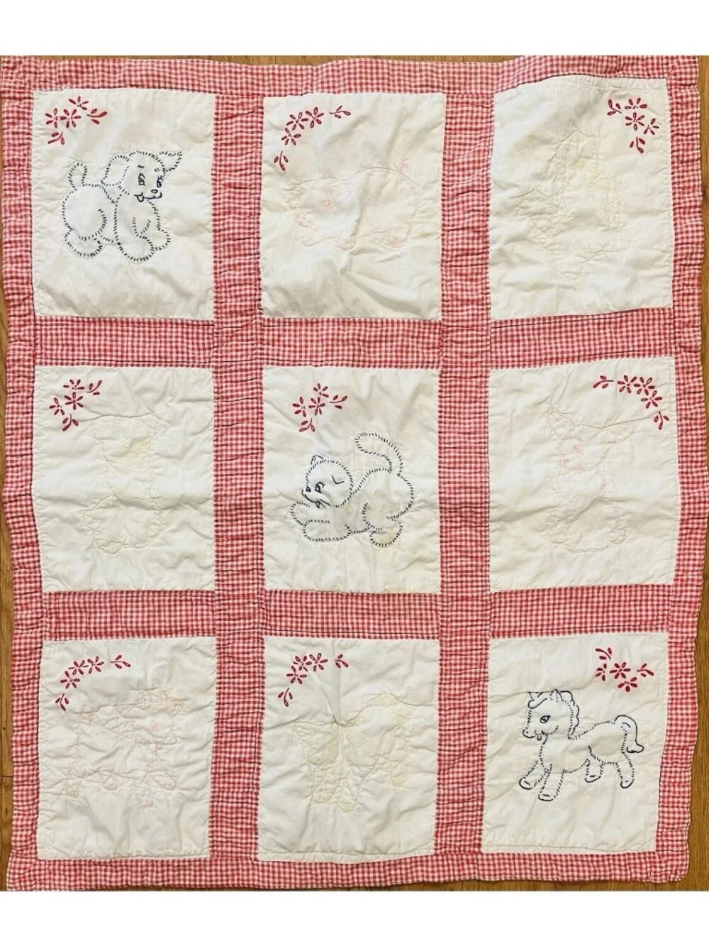 Hand Embroidered Vintage Baby Quilt Stitched Animal Squares Kitschy READ
